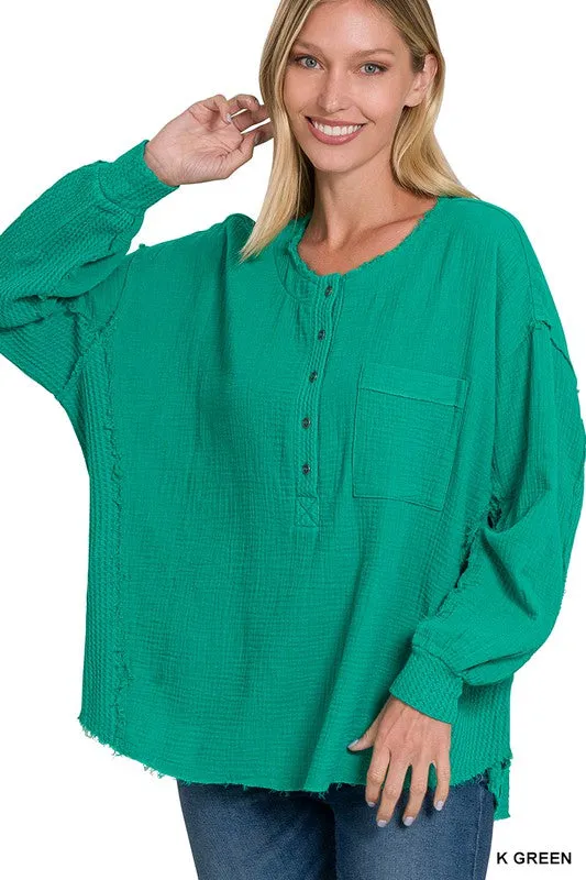 Zenana Double Gauze Oversized 3/4 Button Henley Womens Top 8Colors S-L