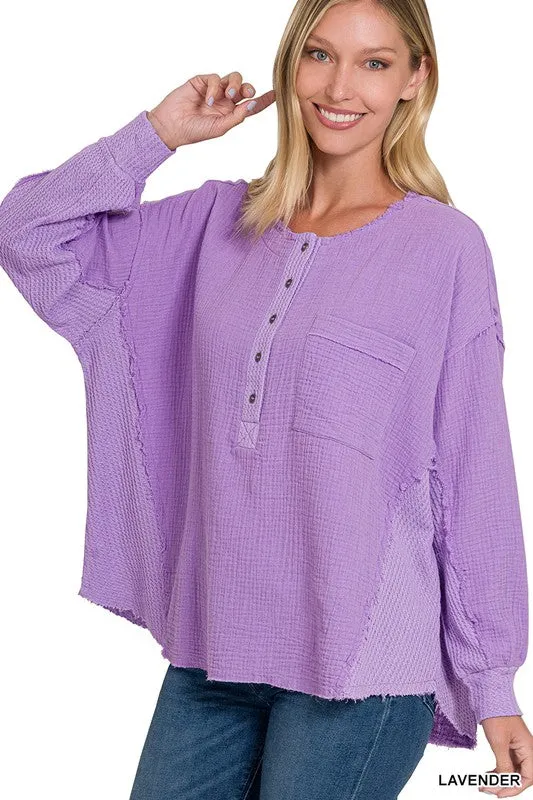 Zenana Double Gauze Oversized 3/4 Button Henley Womens Top 8Colors S-L