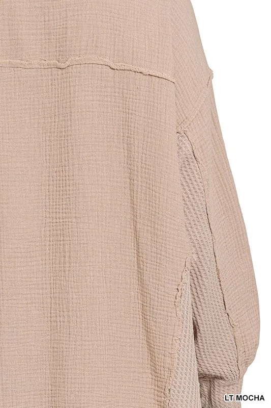 Zenana Double Gauze Oversized 3/4 Button Henley Womens Top 8Colors S-L