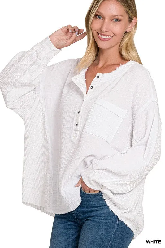 Zenana Double Gauze Oversized 3/4 Button Henley Womens Top 8Colors S-L