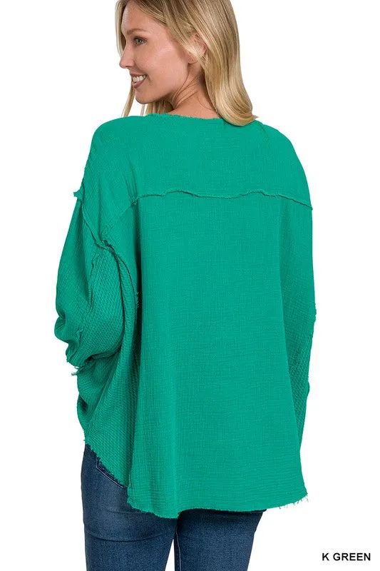 Zenana Double Gauze Oversized 3/4 Button Henley Womens Top 8Colors S-L