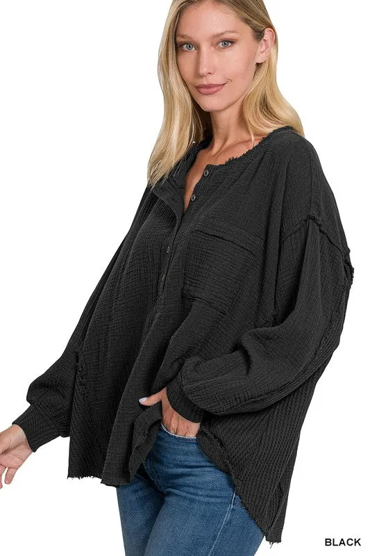 Zenana Double Gauze Oversized 3/4 Button Henley Womens Top 8Colors S-L