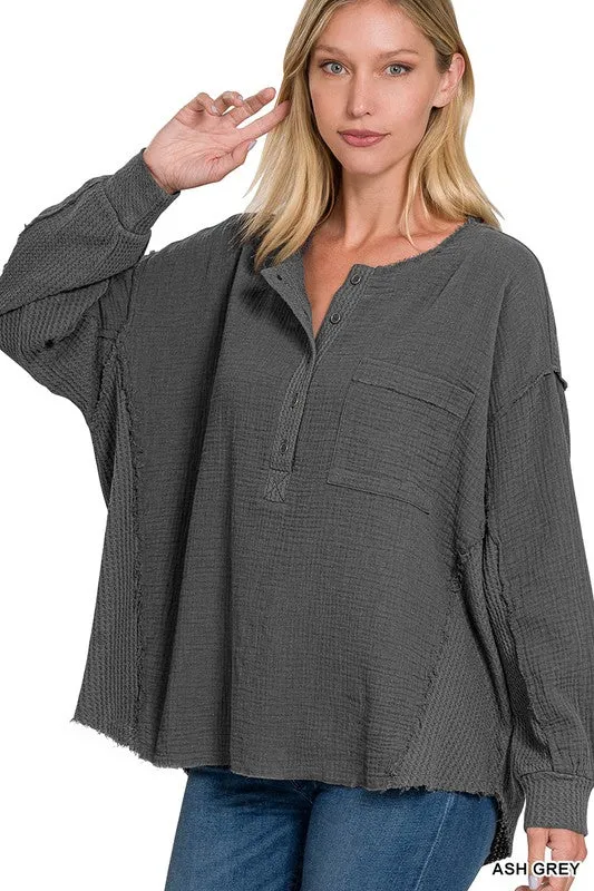 Zenana Double Gauze Oversized 3/4 Button Henley Womens Top 8Colors S-L