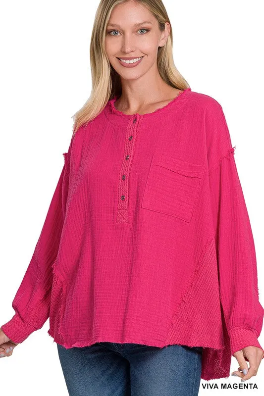 Zenana Double Gauze Oversized 3/4 Button Henley Womens Top 8Colors S-L