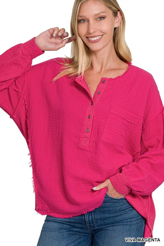 Zenana Double Gauze Oversized 3/4 Button Henley Womens Top 8Colors S-L