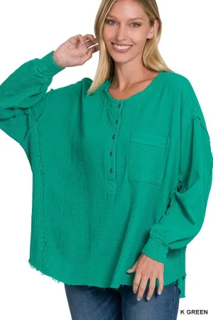 Zenana Double Gauze Oversized 3/4 Button Henley Womens Top 8Colors S-L