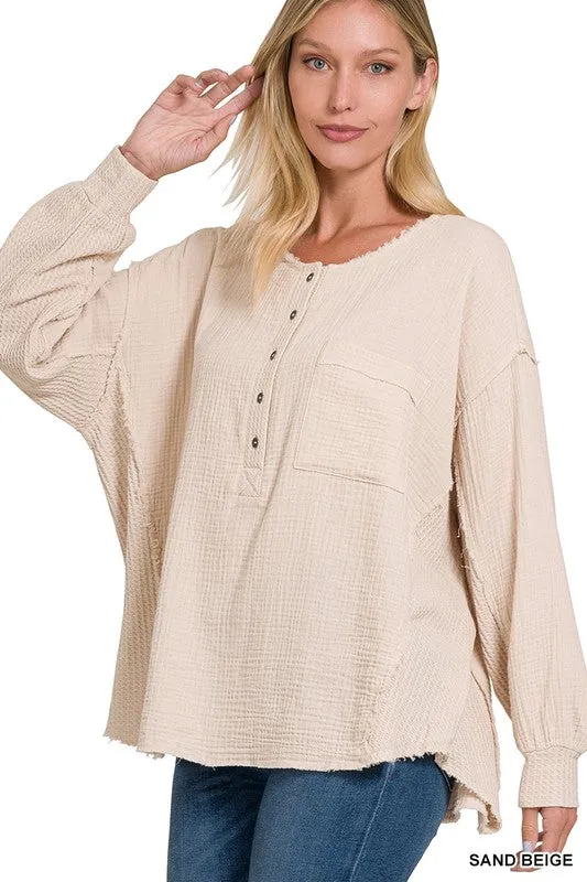 Zenana Double Gauze Oversized 3/4 Button Henley Womens Top 8Colors S-L