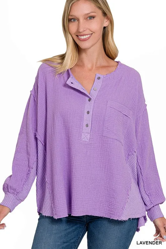 Zenana Double Gauze Oversized 3/4 Button Henley Womens Top 8Colors S-L