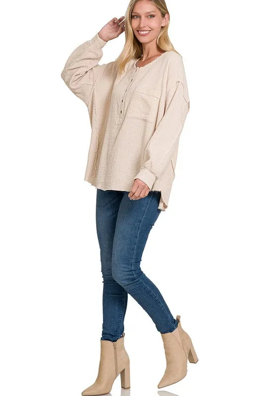 Zenana Double Gauze Oversized 3/4 Button Henley Womens Top 8Colors S-L