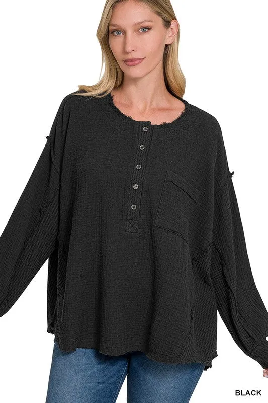 Zenana Double Gauze Oversized 3/4 Button Henley Womens Top 8Colors S-L