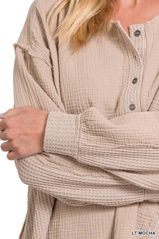 Zenana Double Gauze Oversized 3/4 Button Henley Womens Top 8Colors S-L