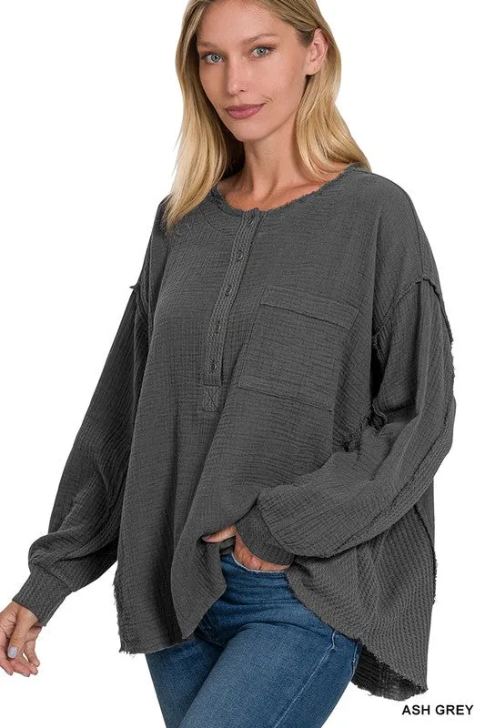 Zenana Double Gauze Oversized 3/4 Button Henley Womens Top 8Colors S-L
