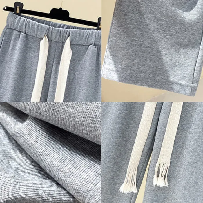 Zipper Pocket Plush Outerwear Grey Pants Set