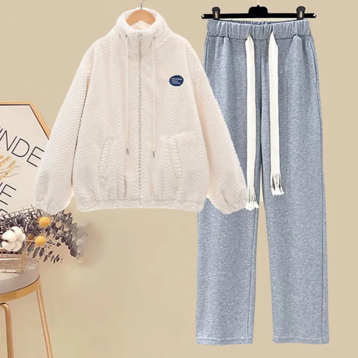 Zipper Pocket Plush Outerwear Grey Pants Set